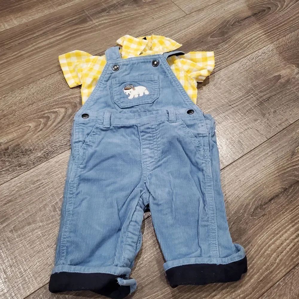 Baby Outfit Size 3-6 months Blue Overalls with Yellow Checkered Shirt 2 Pieces